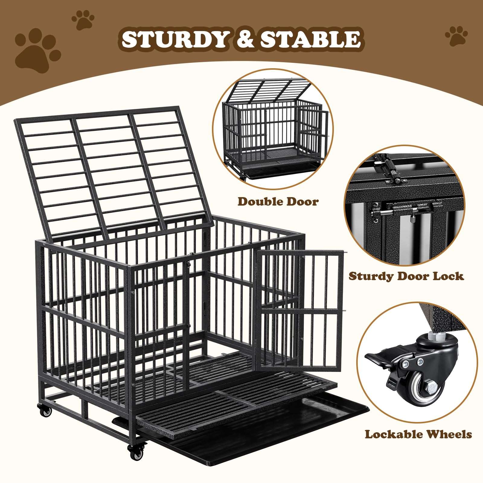Indestructible Dog Crate with Removable Tray - 37/42/46 Inch Heavy Duty Steel Kennel