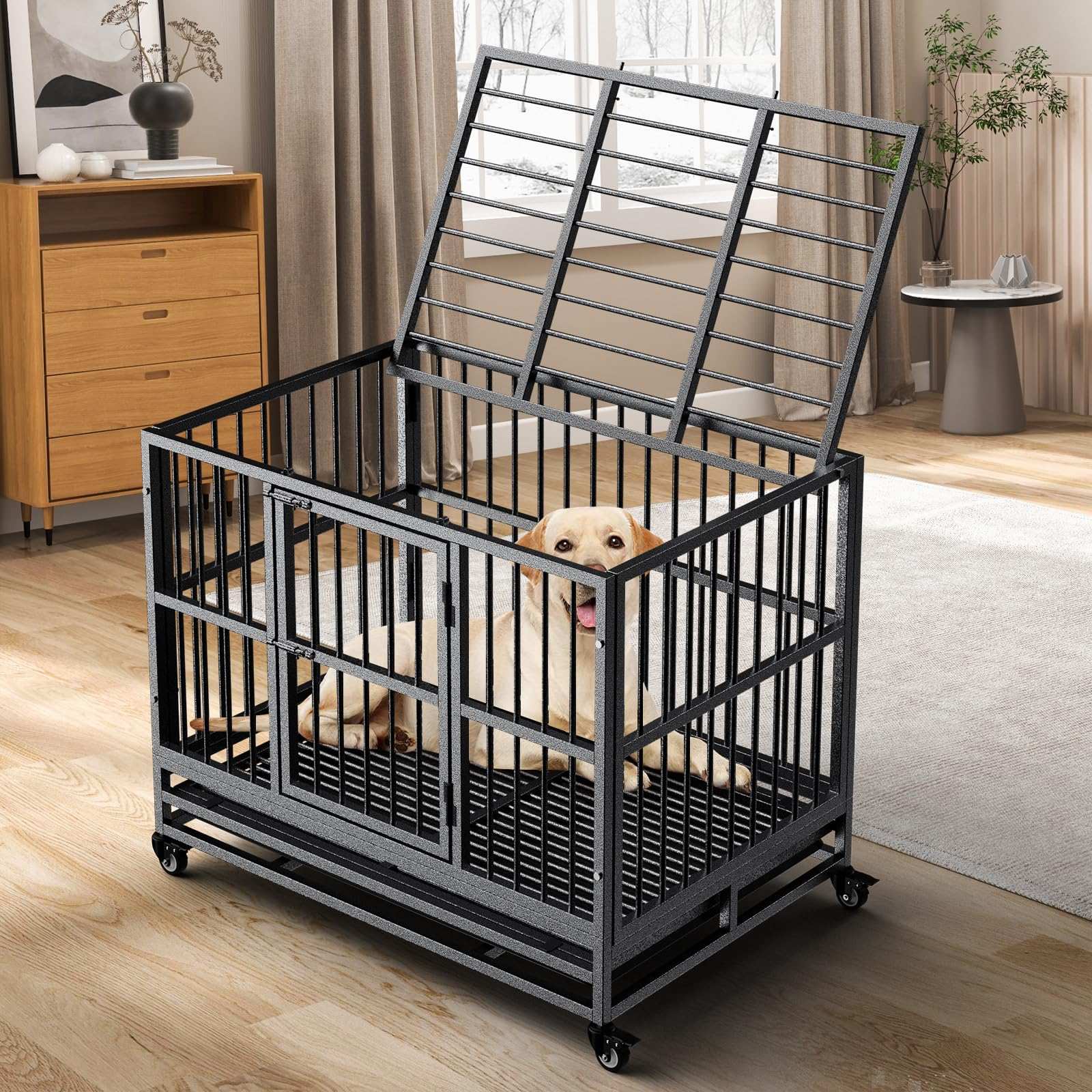 Indestructible Dog Crate with Removable Tray - 37/42/46 Inch Heavy Duty Steel Kennel