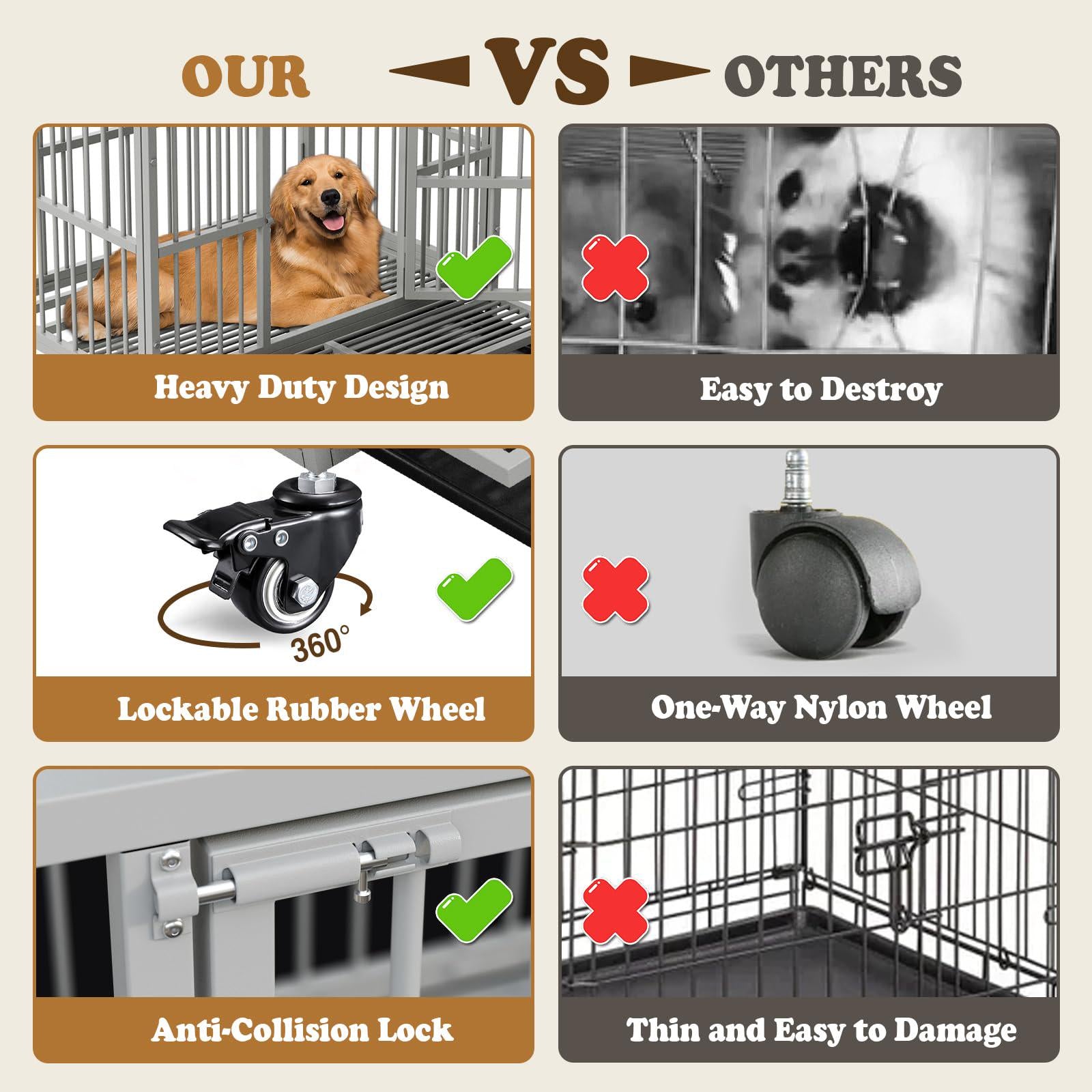 Indestructible Dog Crate with Removable Tray - 37/42/46 Inch Heavy Duty Steel Kennel