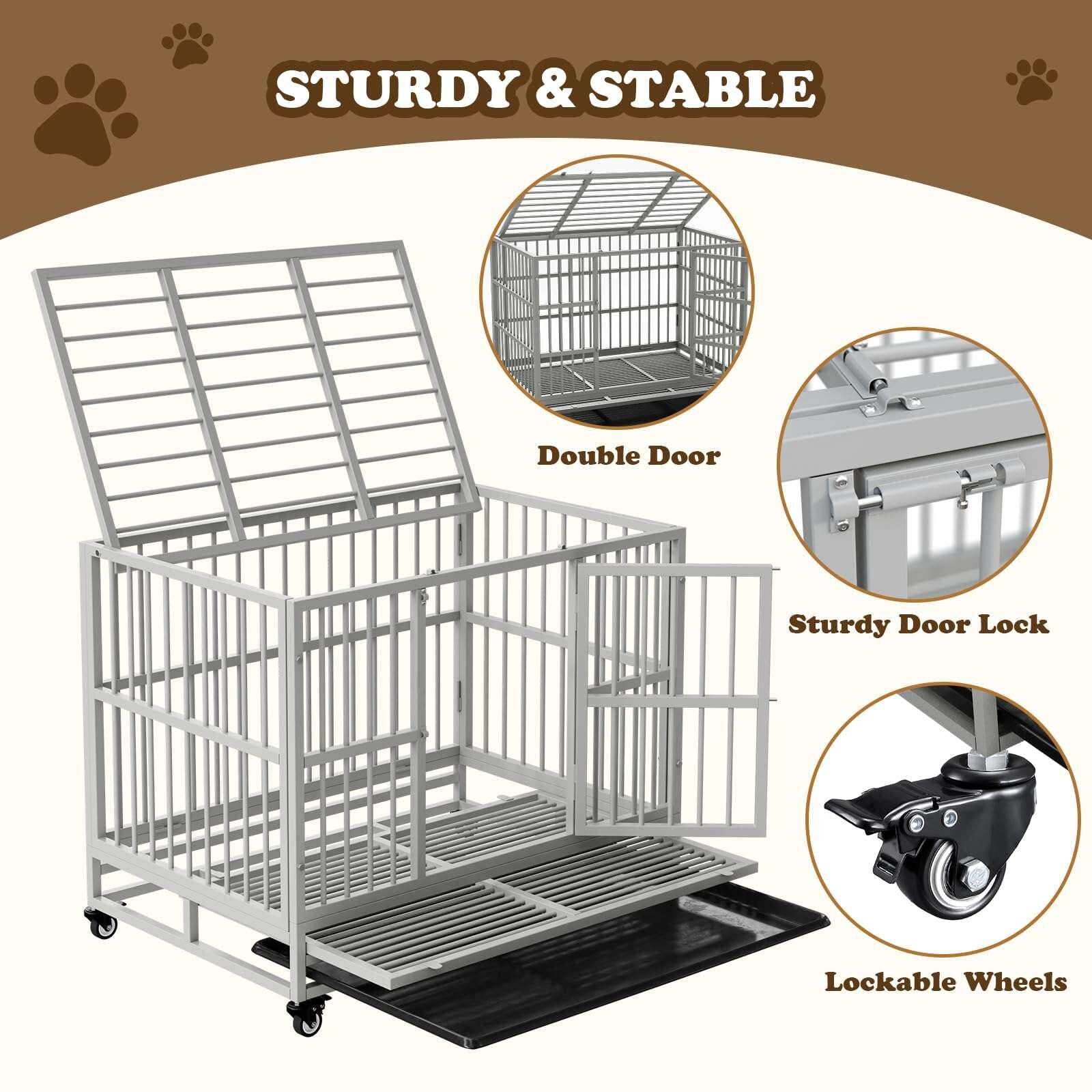 Indestructible Dog Crate with Removable Tray - 37/42/46 Inch Heavy Duty Steel Kennel