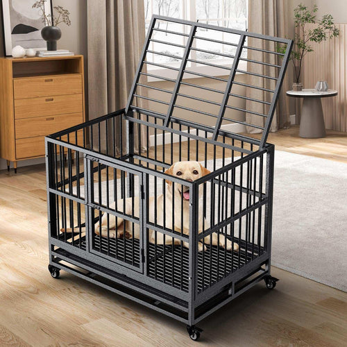 Indestructible Dog Crate with Removable Tray - 37/42/46 Inch Heavy Duty Steel Kennel
